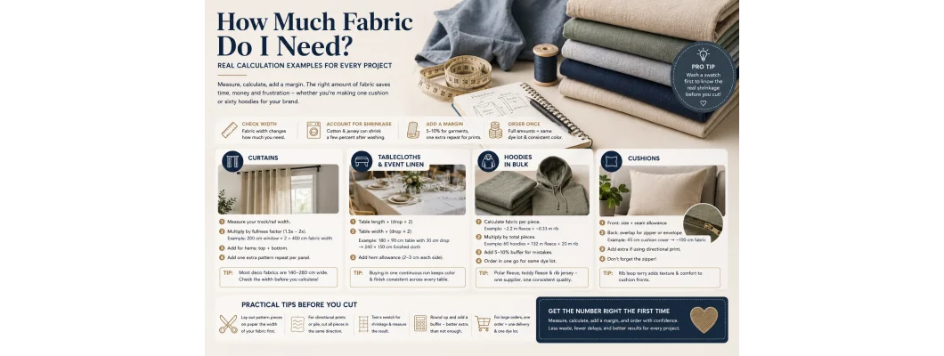 How Much Fabric Do I Need? Real Calculations for Curtains, Hoodies, Tablecloths and More How Much Fabric Do I Need? Real Calculations for Curtains, Hoodies, Tablecloths and More