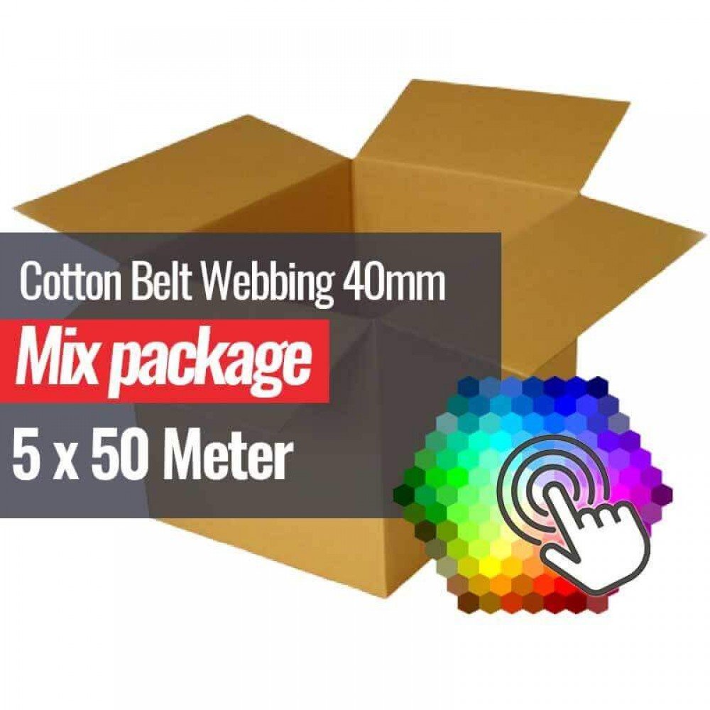 Gjordbånd Bomuld 40mm 5 Farver x 50 Meter Bundtpakke