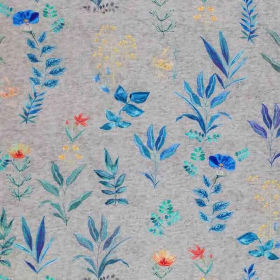 Jersey Cotton Fabric Digital Print - Field Flowers Grey Melange Jersey Cotton Fabric Digital Print - Field Flowers Grey Melange