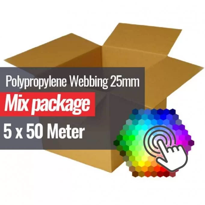 Polypropylenbælte 25mm 5 Farver x 50 Meter Bundtpakke - (25mm Gjord Polypropylen )