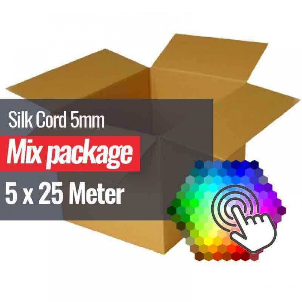 Satin Anoraksnor 5mm 5 Farver x 25 Meter Bundtpakke