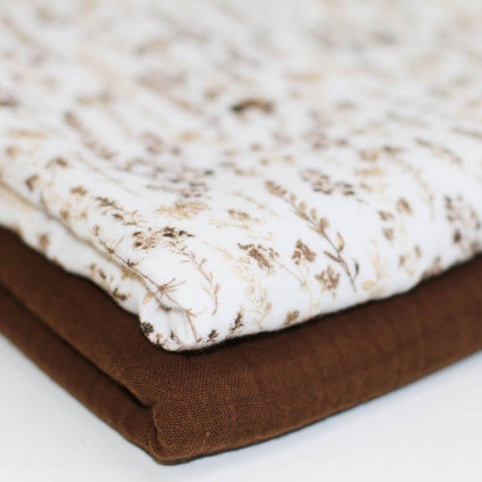Double Gauze Fabric Digital Print - Dried Flowers Light Brown - (Child Fabrics)
