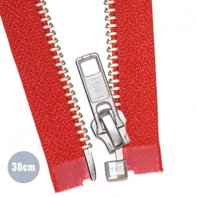 Silver Metal Divisible Zipper YKK Red 30CM  - (Zippers YKK)
