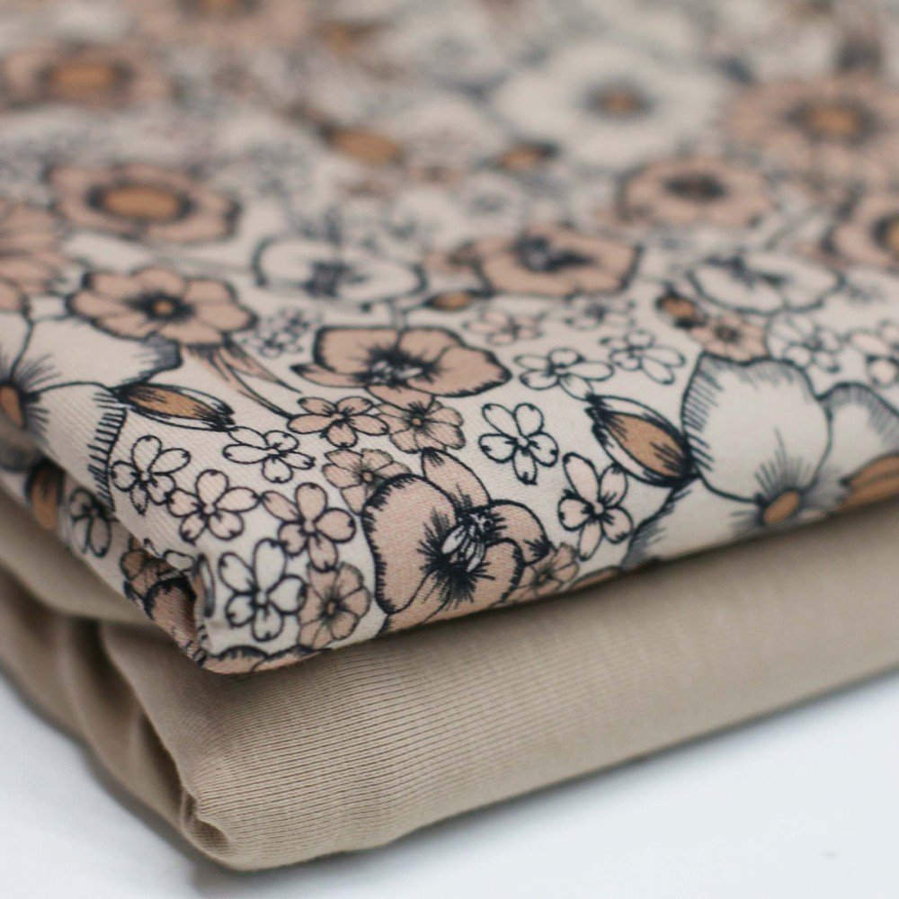 Jersey Cotton Fabric Digital Print - Beige Combi Flower - (Jersey Cotton Fabric Digital Print)