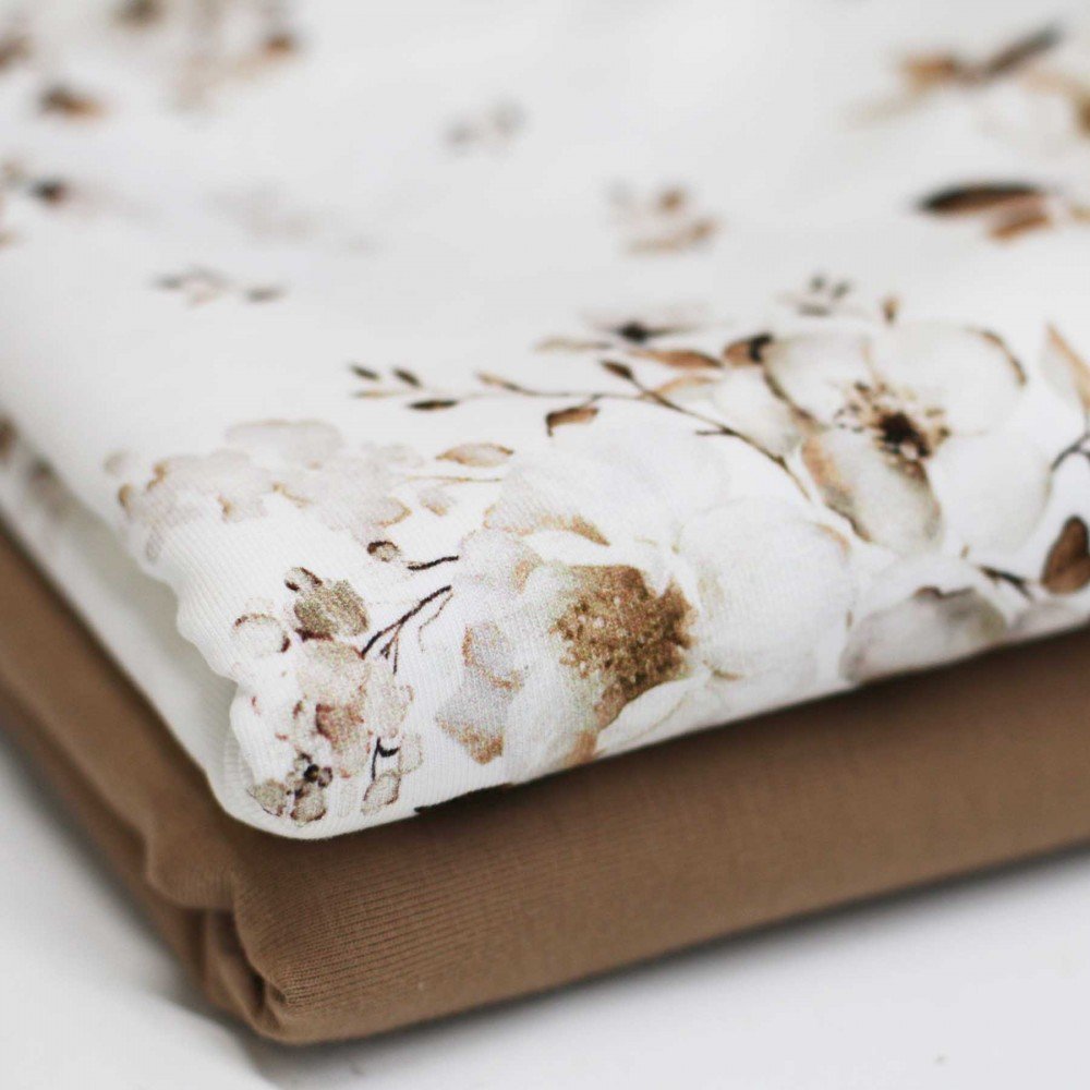 Bomuldjersey Digital Print - Jasmin Blomster Brun