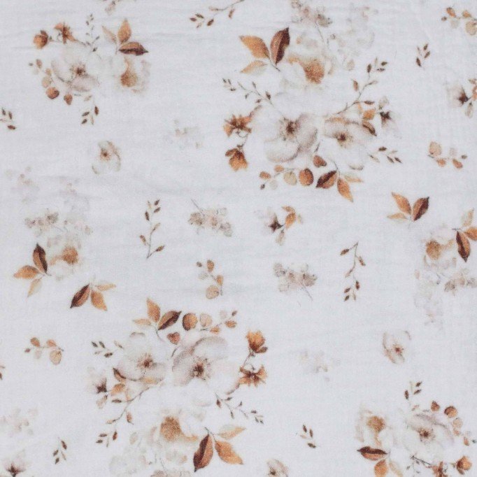 Tissu Double Gaze Impression Numérique - Jasmin Fleurs Brun - (Tissu Enfant)