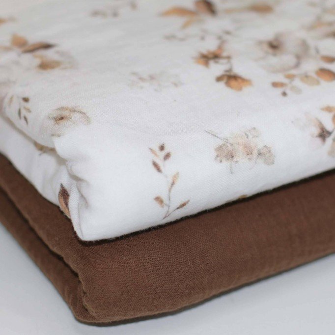 Tissu Double Gaze Impression Numérique - Jasmin Fleurs Brun - (Tissu Enfant)