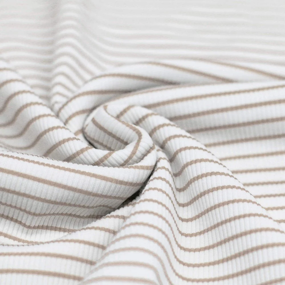 Rib Jersey Stof Bedrukte Streep Licht Beige