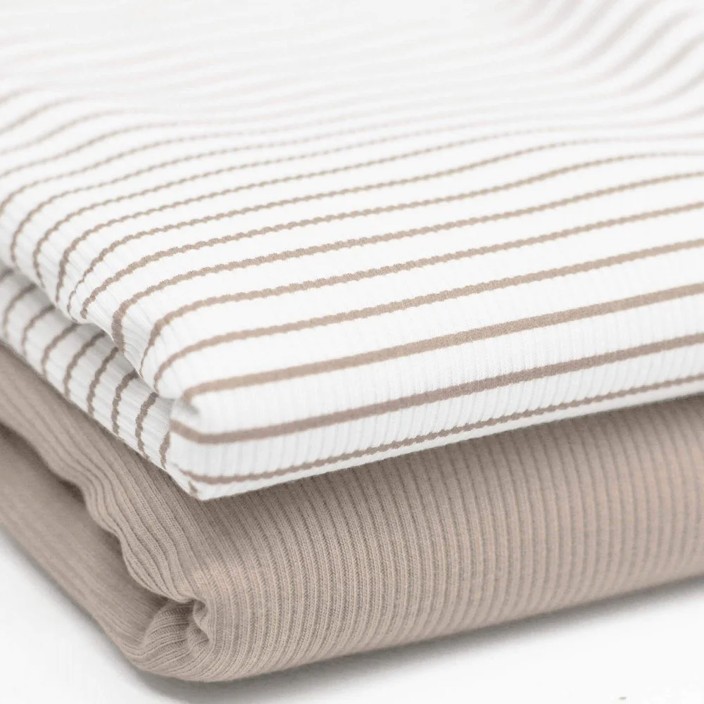 Rib Jersey Stof Bedrukte Streep Licht Beige