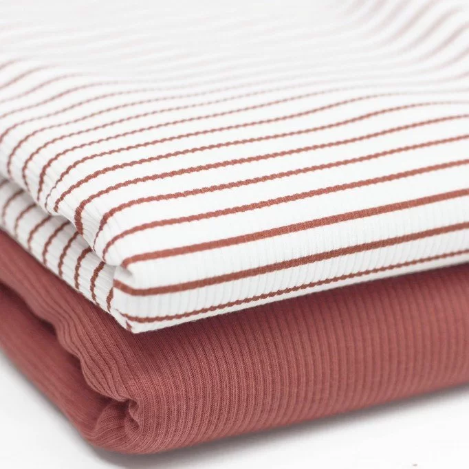 Rib Jersey Stof Bedrukte Streep Klei Roze - (Jersey Stoffen)