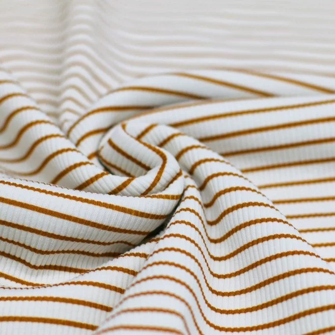 Rib Jersey Stof Bedrukte Streep Cognac - (Jersey Stoffen)