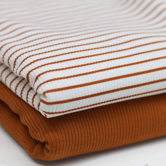 Rib Jersey Strikstof Trykket Stribet Cognac - (Jerseystoffer)