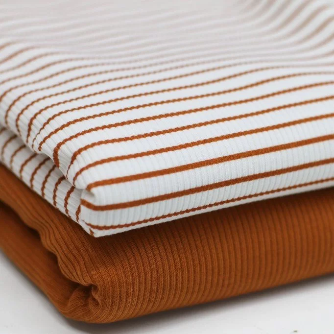 Rib Jersey Stof Bedrukte Streep Cognac - (Jersey Stoffen)