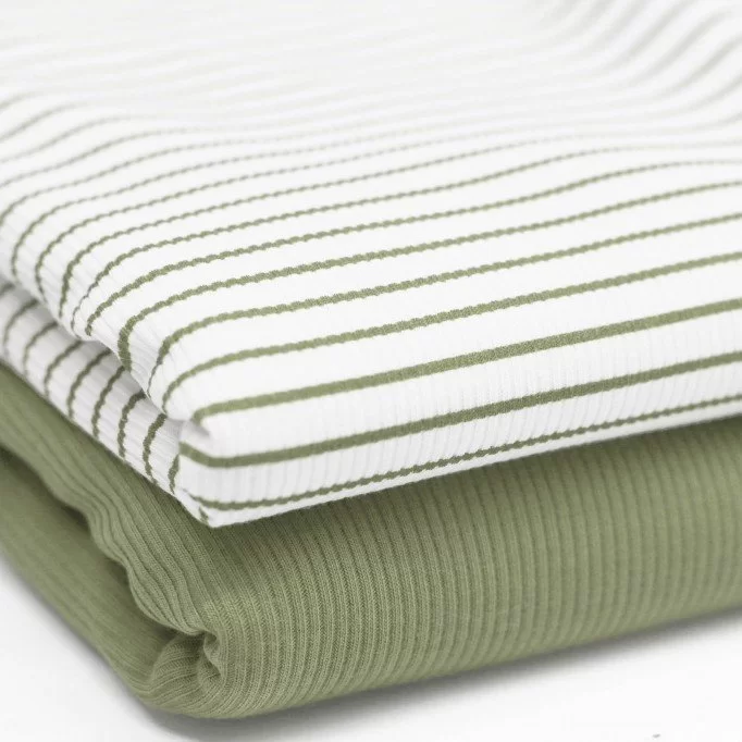 Rib Jersey Strikstof Trykket Stribet Oliven - (Jerseystoffer)