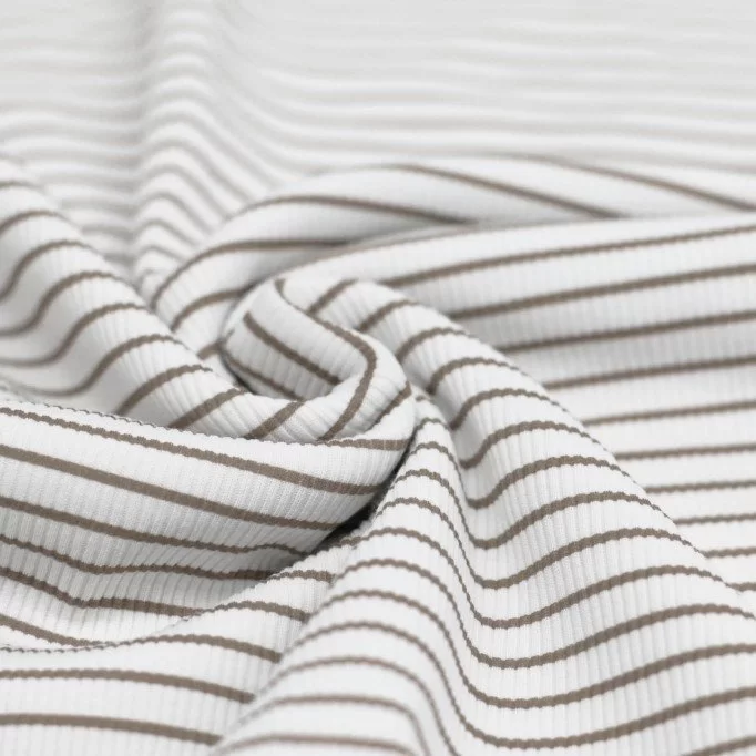 Garengeverfd Streep Rib Jersey Stof Taupe - (Jersey Stoffen)