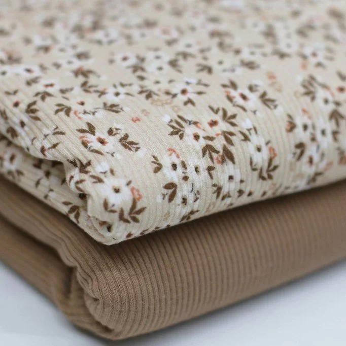 Tissu Maille Tricot Côtelé - Bombe Fleurs Beige | Rijs Textiles Tissu Maille Tricot Côtelé - Bombe Fleurs Beige - (Tissus Jersey)