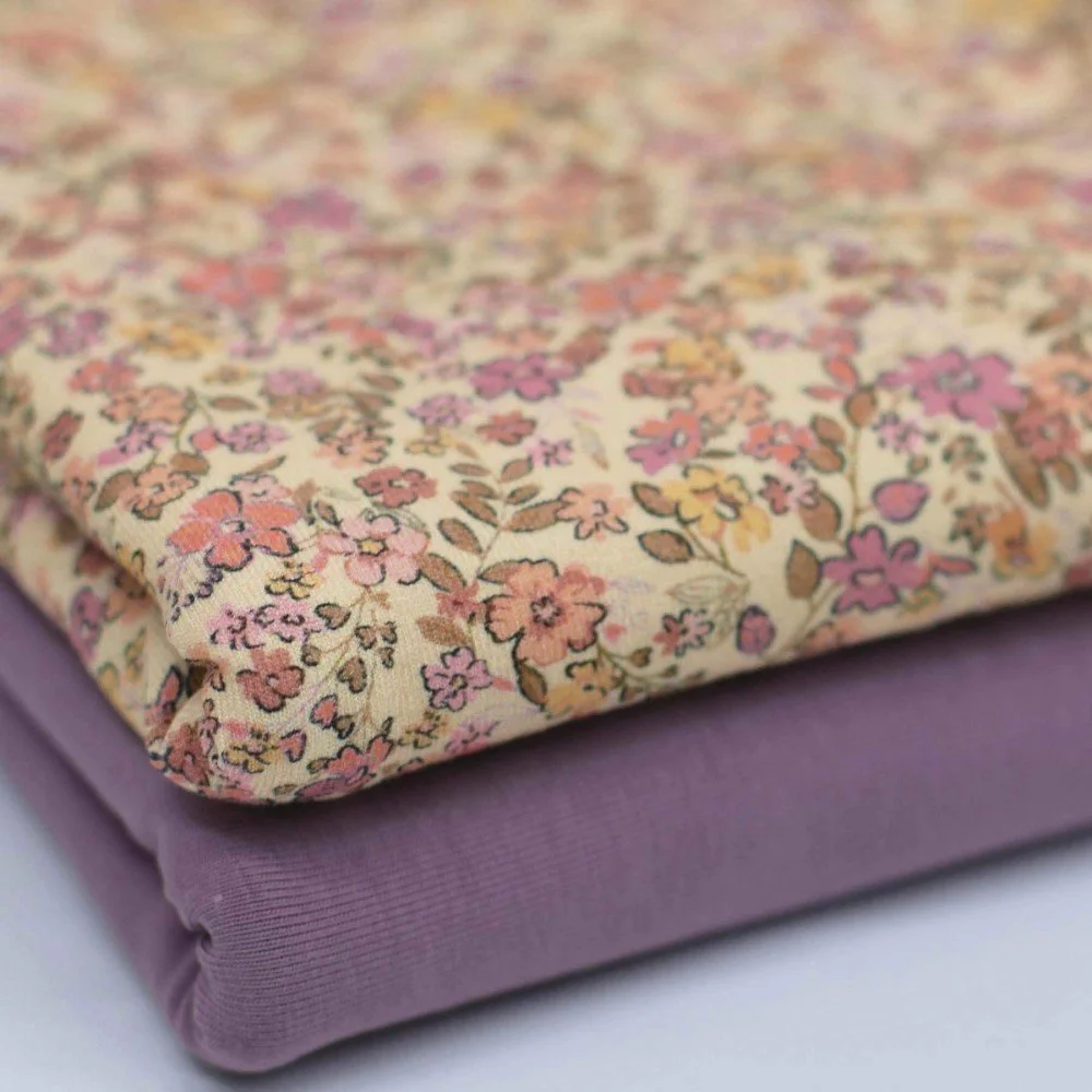 Jersey Katoen Digitale Print - Trendy Bloem Oud Lila Geel