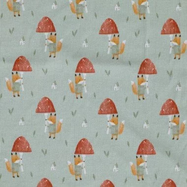 Rib Knit Jersey Fabric Fox With Mushroom