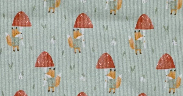 Rib Knit Jersey Fabric Fox With Mushroom