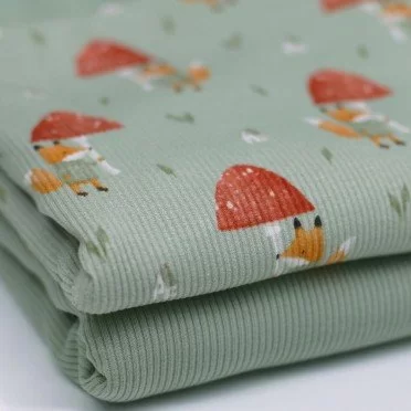 Rib Knit Jersey Fabric - Fox With Mushroom - (Jersey Fabrics)