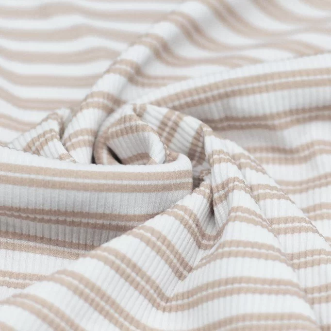 Dobbeltstribet Rib Jersey Strikstof Trykket Lys Beige - (Jerseystoffer)