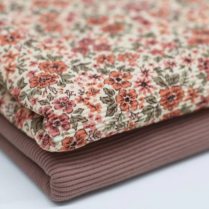 Tissu Jersey Ottoman Côte - Buisson Fleur Argile Rose - (Tissus Jersey)