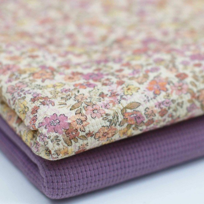 Wafel Jersey Stof - Trendy Bloem Oud Lila  - (Jersey Stoffen)