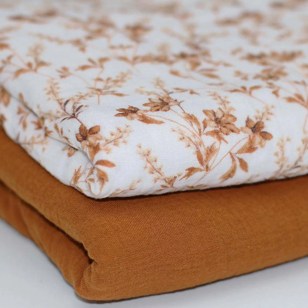 Double Gauze Fabric Digital Print - Cognac Brown Flower Double Gauze Fabric Digital Print - Cognac Brown Flower