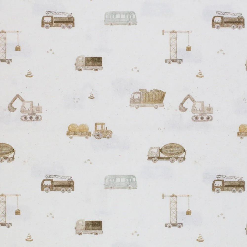 Cotton Poplin Digital Print - Construction Vehicles Ecru
