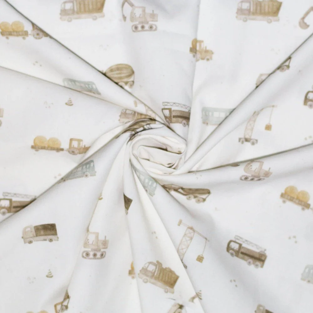Cotton Poplin Digital Print - Construction Vehicles Ecru