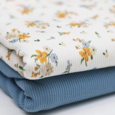 Rippstrick Jersey Stoff - Blumenstrauß Orange Blau