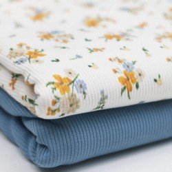 Rib Knit Jersey Fabric - Flower Bouquet Orange Blue
