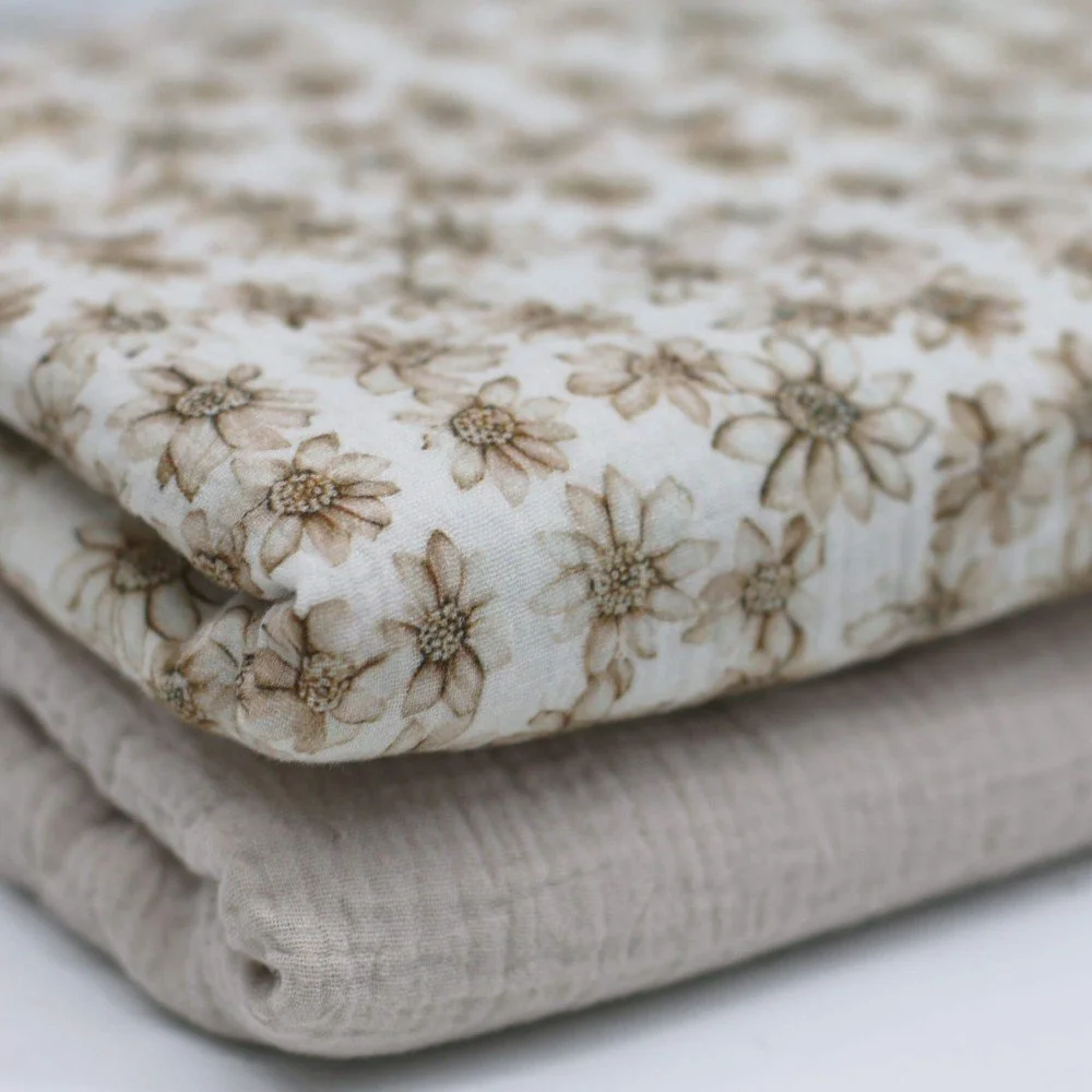 Double Gauze Fabric Digital Print - Beige Water Lily Double Gauze Fabric Digital Print - Beige Water Lily