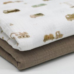 Double Gauze Fabric Digital Print - Construction Vehicles