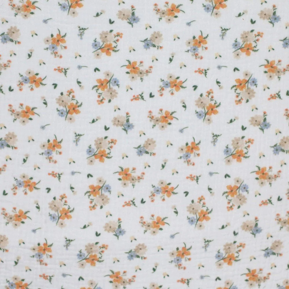 Double Gauze Fabric Digital Print - Flower Bouquet Orange Blue Double Gauze Fabric Digital Print - Flower Bouquet Orange Blue