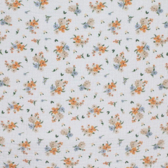 Hydrofiel Stof Digitale Print - Bloemboeket Oranje Blauw - (Kinderstoffen)