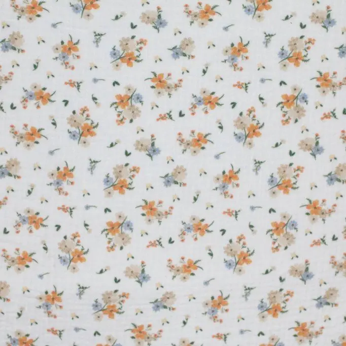 Hydrofiel Stof Digitale Print - Bloemboeket Oranje Blauw - (Kinderstoffen)