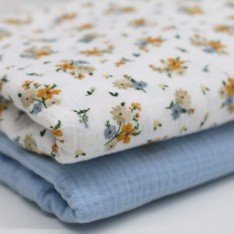Double Gauze Fabric Digital Print - Flower Bouquet Orange Blue