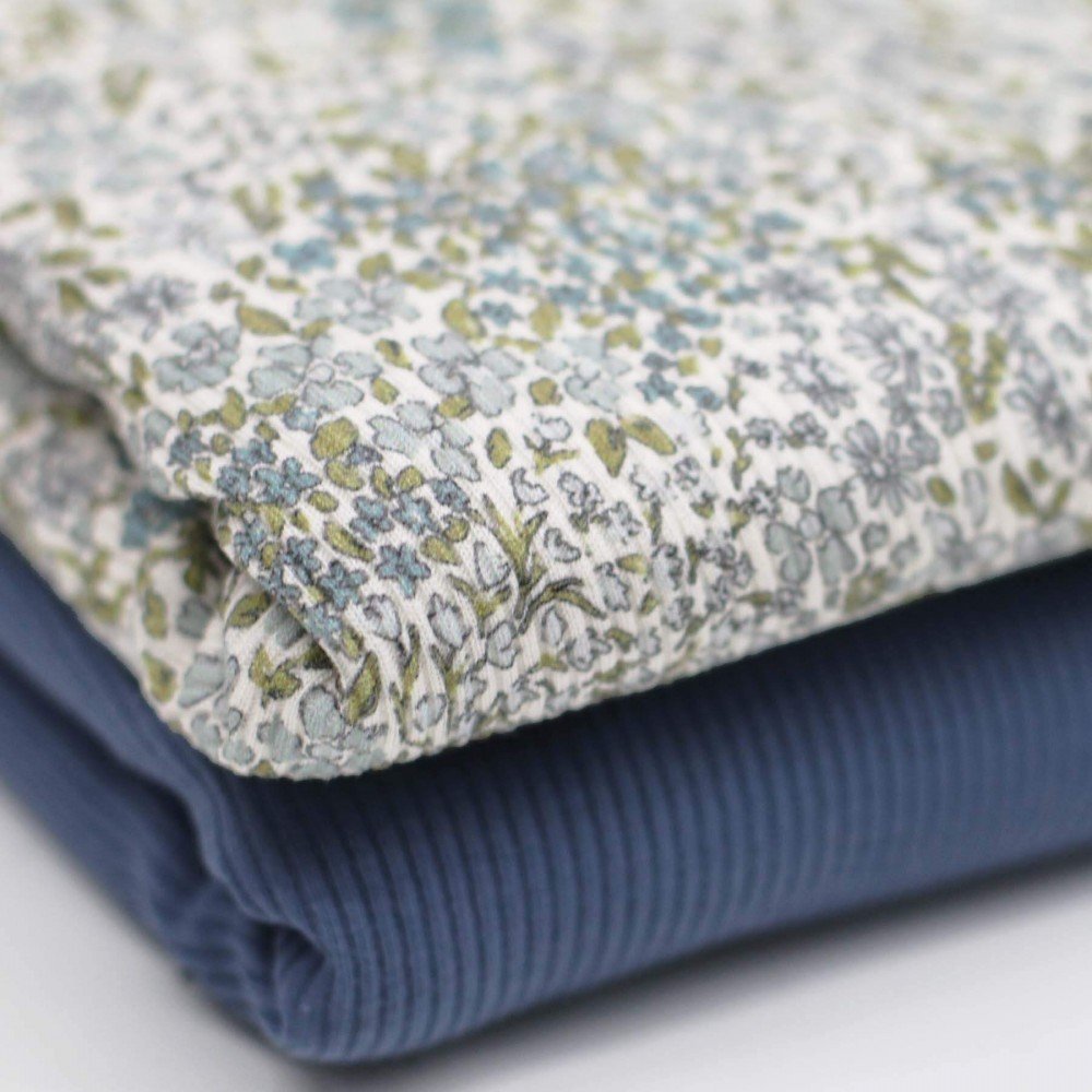 Rib Jersey Strikstof - Blomsterblanding Jeans Blå