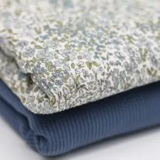 Dzianina Prążkowana Cienki Prążek - Mieszanka Kwiatowa Jeans