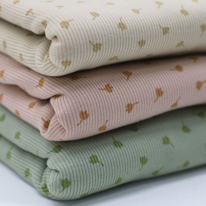 Rib Jersey Stof Bedrukt - Klaverblad Zand Beige - (Jersey Stoffen)