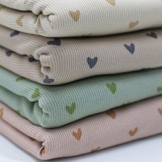 Tessuto Jersey Di Cotone Costine Stampato - Cuori Beige Scuro