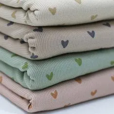 Rippstrick Jersey Stoff Bedruckt - Herzen Sand Beige  Rippstrick Jersey Stoff Bedruckt - Herzen Sand Beige