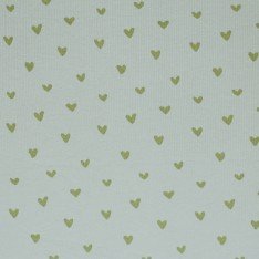 Tessuto Jersey Di Cotone Costine Stampato - Cuori Verde Polveroso