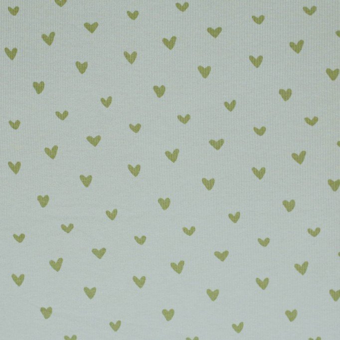 Tessuto Jersey Di Cotone Costine Stampato - Cuori Verde Polveroso - (Jersey Tessuti)