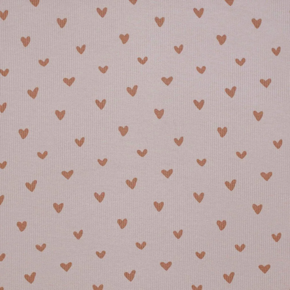 Rib Jersey Stof Bedrukt - Hartjes Nude Roze