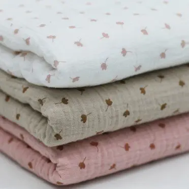 Baby Musselin Stof Muster - Kløverblad Lys Beige - (Børnestoffer)