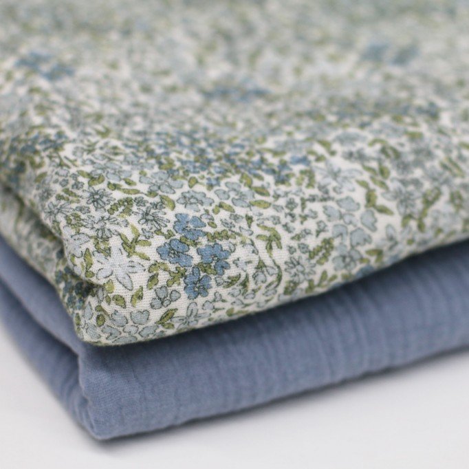 Hydrofiel Stof Digitale Print - Bloesemmix Jeans Blauw - (Kinderstoffen)