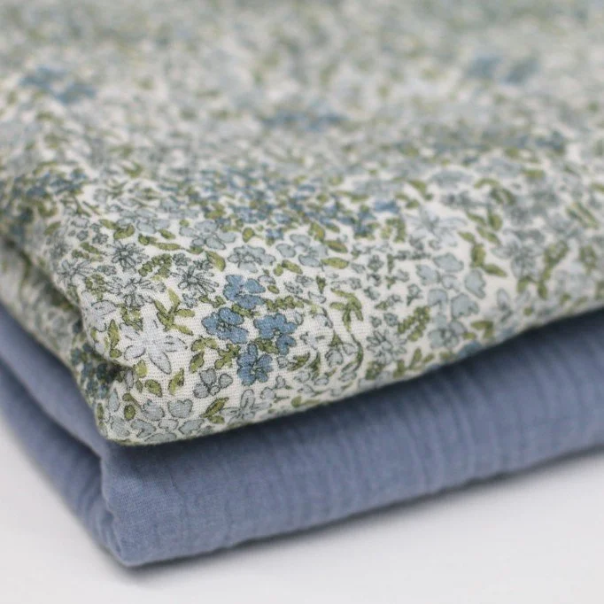 Tissu Double Gaze Impression Numérique - Fleurir Quoi Jeans Bleu - (Tissu Enfant)