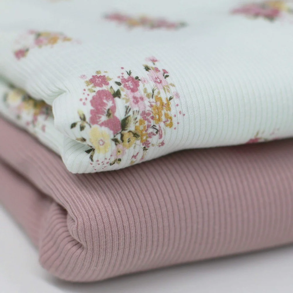 Rib Jersey Stof - Bosje Bloemen Roze